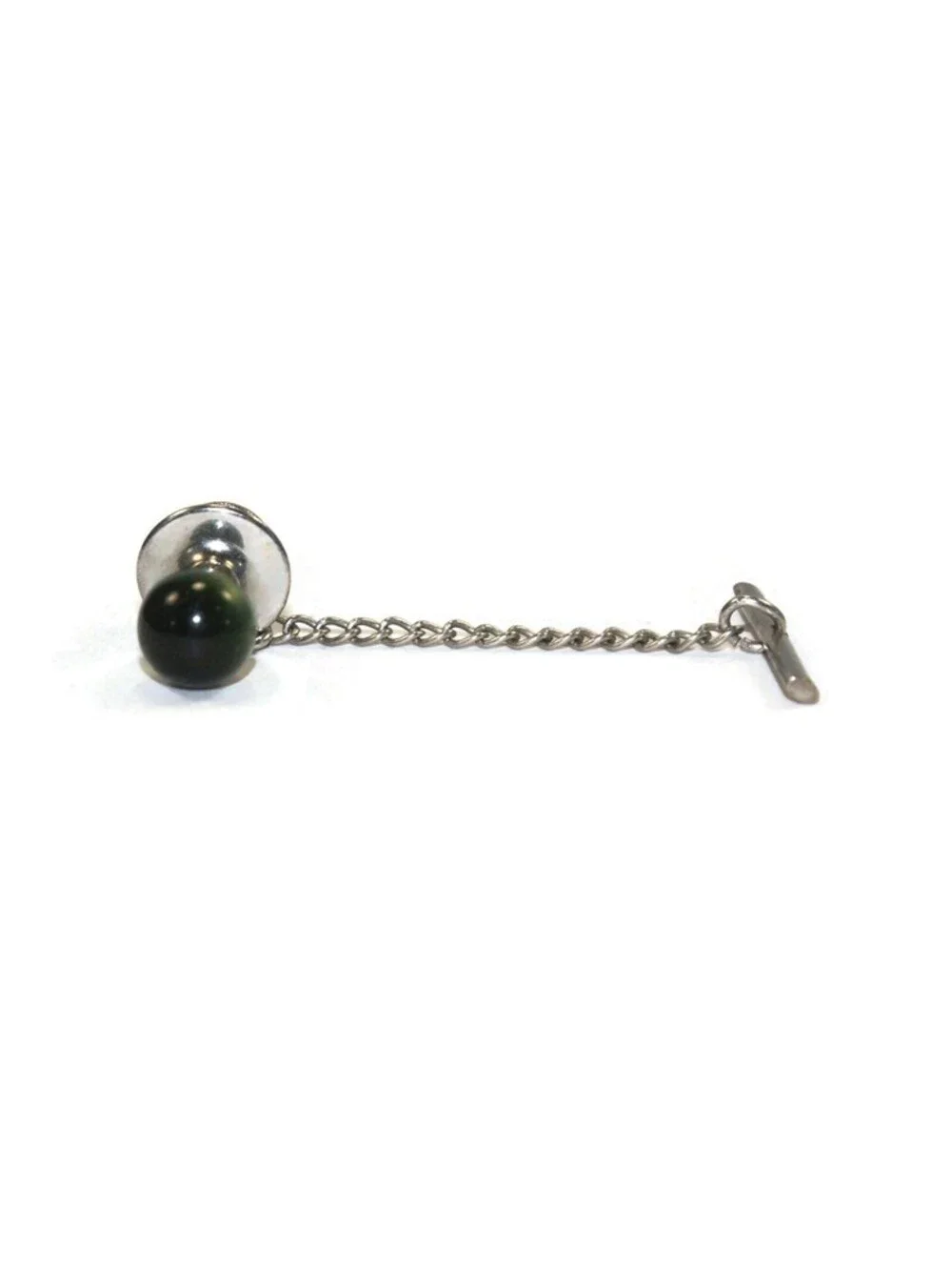 Vintage Silver Tone and Faux Cat's Eye Tourmaline Tie Tack with Chain.